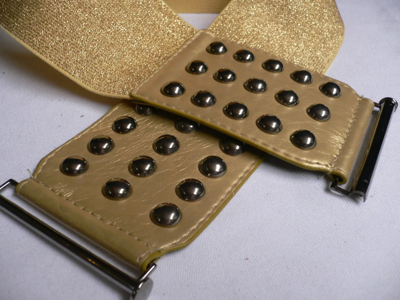 Gold Faux Leather Wide Elastic Stretch Back Belt Pewter Studs Plus Size M-XL