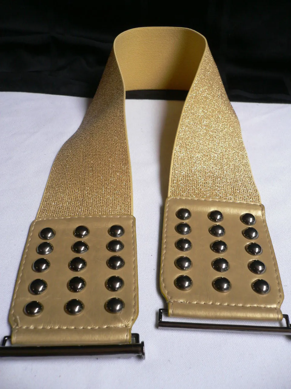 Gold Faux Leather Wide Elastic Stretch Back Belt Pewter Studs Plus Size M-XL