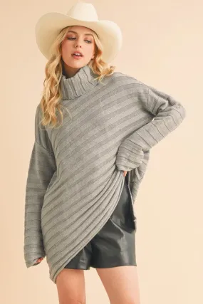 Gray Asymmetrical Side Slit Turtleneck Sweater