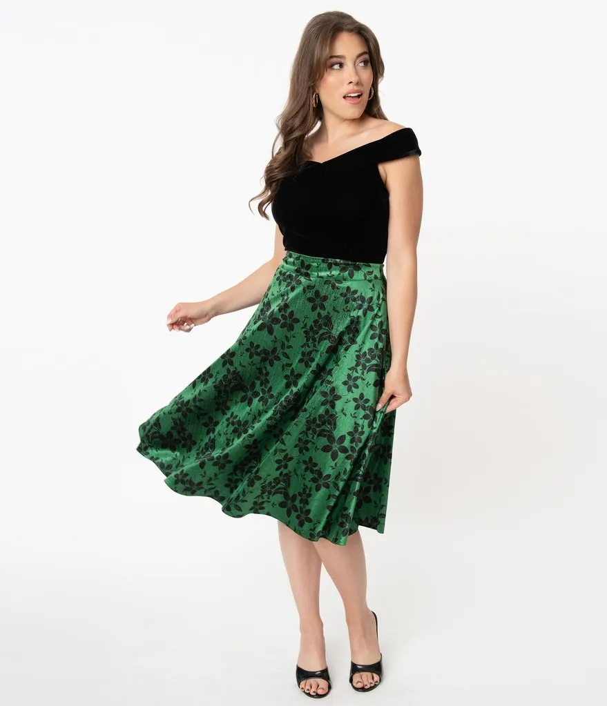 Green Velvet and Black Floral High Waist Vivien Swing Skirt