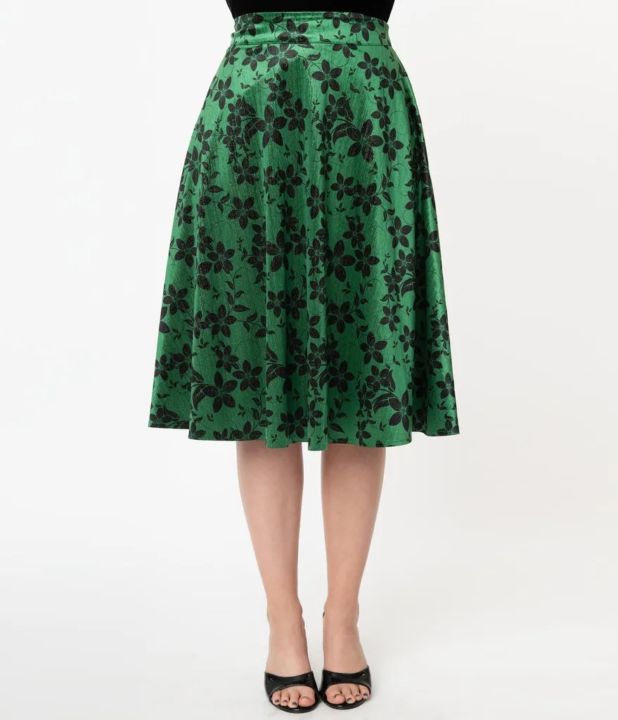 Green Velvet and Black Floral High Waist Vivien Swing Skirt