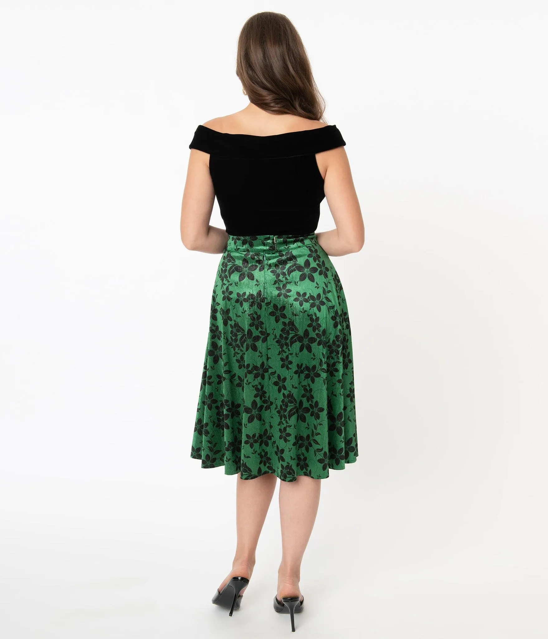 Green Velvet and Black Floral High Waist Vivien Swing Skirt