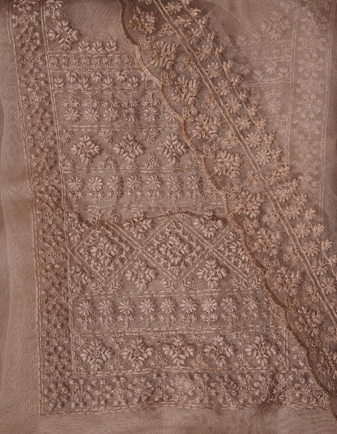 Grey Thread Embroidered Organza Dress Material with Dupatta