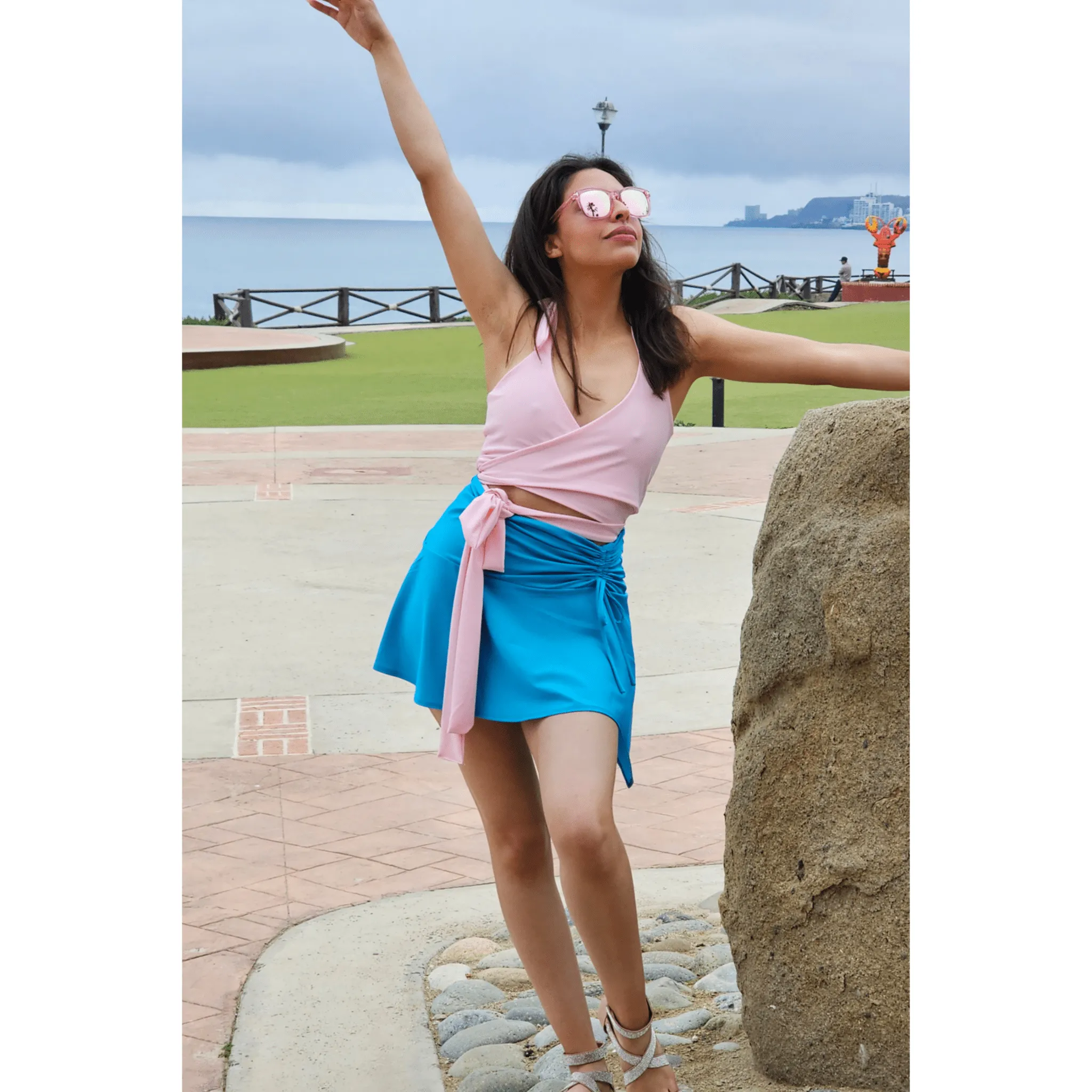 High-Rise Tummy Control Ruched Extra Mini Skirt – Adjustable Asymmetrical Drawstring Skirt Blue