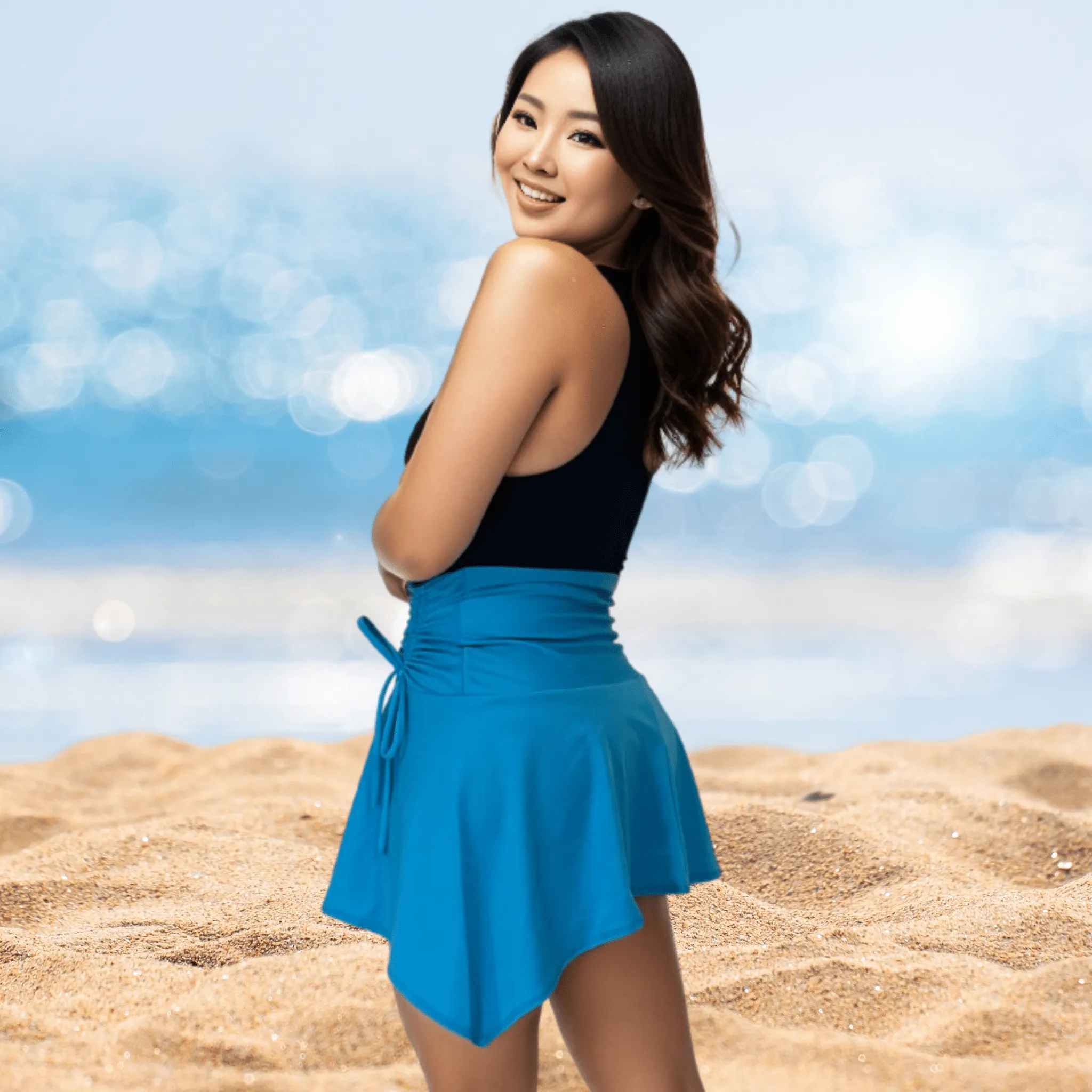 High-Rise Tummy Control Ruched Extra Mini Skirt – Adjustable Asymmetrical Drawstring Skirt Blue