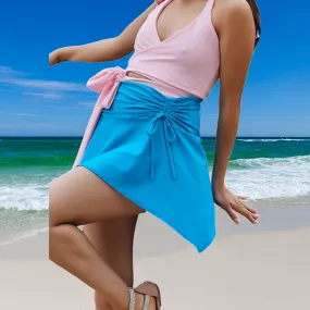 High-Rise Tummy Control Ruched Extra Mini Skirt – Adjustable Asymmetrical Drawstring Skirt Blue