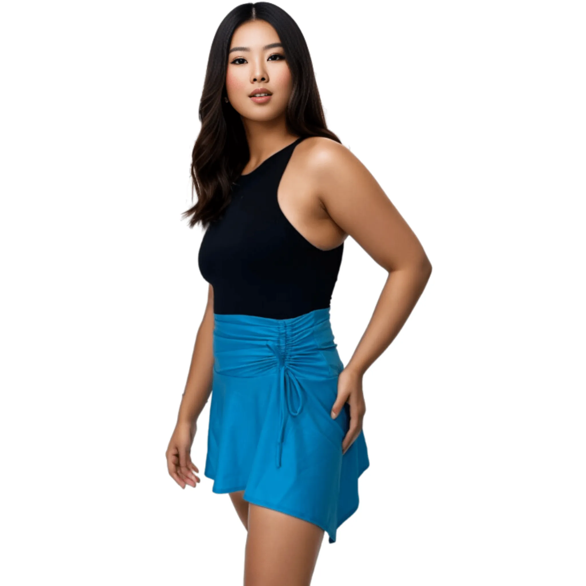 High-Rise Tummy Control Ruched Extra Mini Skirt – Adjustable Asymmetrical Drawstring Skirt Blue