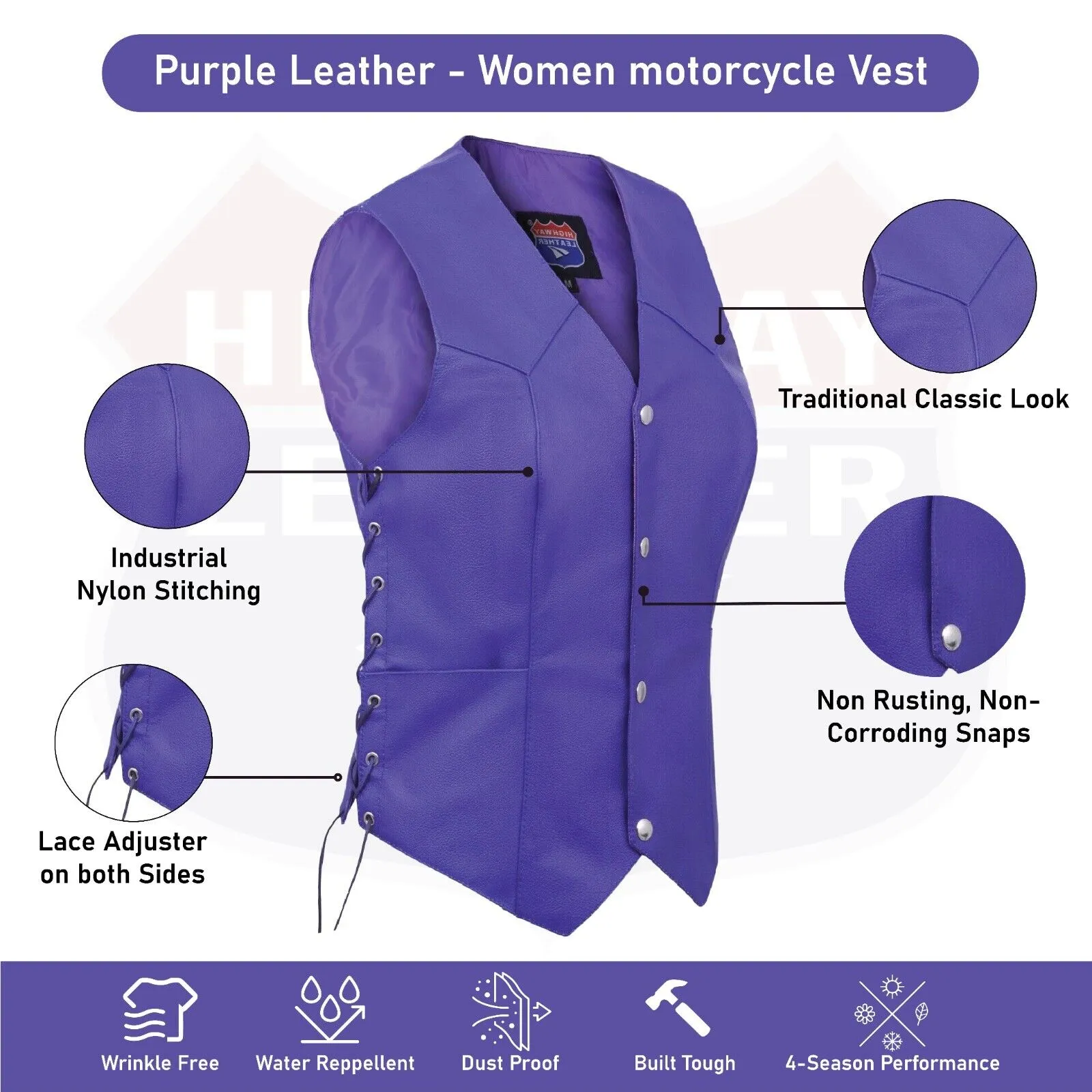 HL14501Purple Passionate Purple lace up side Leather Vest for Motorcycle clubs Vest  ROYAL PURPLE
