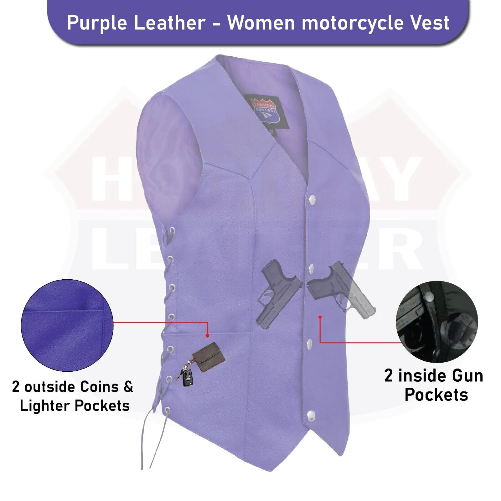 HL14501Purple Passionate Purple lace up side Leather Vest for Motorcycle clubs Vest  ROYAL PURPLE