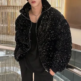 Hnzxzm Mens Sequin Casual Jacket Genderless 2024 New Autumn Winter Fashion Personality Street Trend Youth Thickened Jacket Unisex