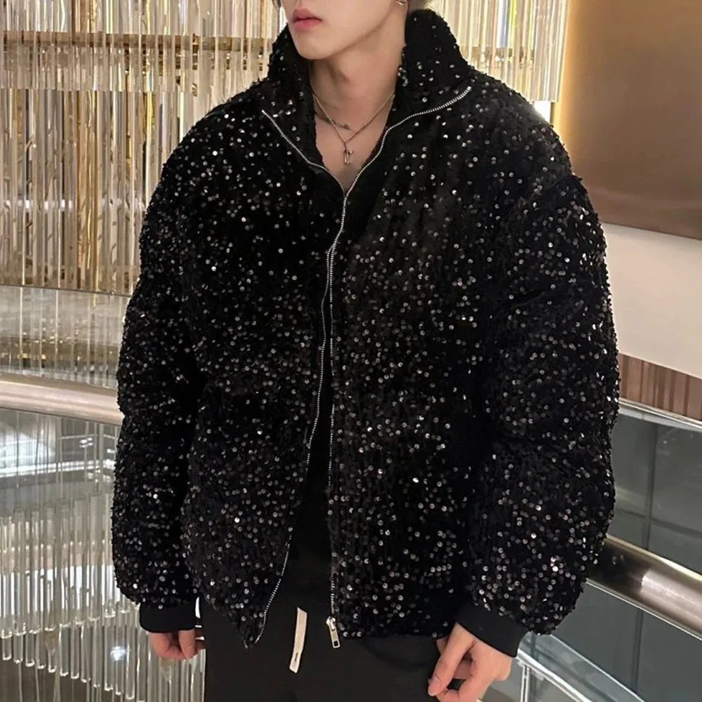 Hnzxzm Mens Sequin Casual Jacket Genderless 2024 New Autumn Winter Fashion Personality Street Trend Youth Thickened Jacket Unisex