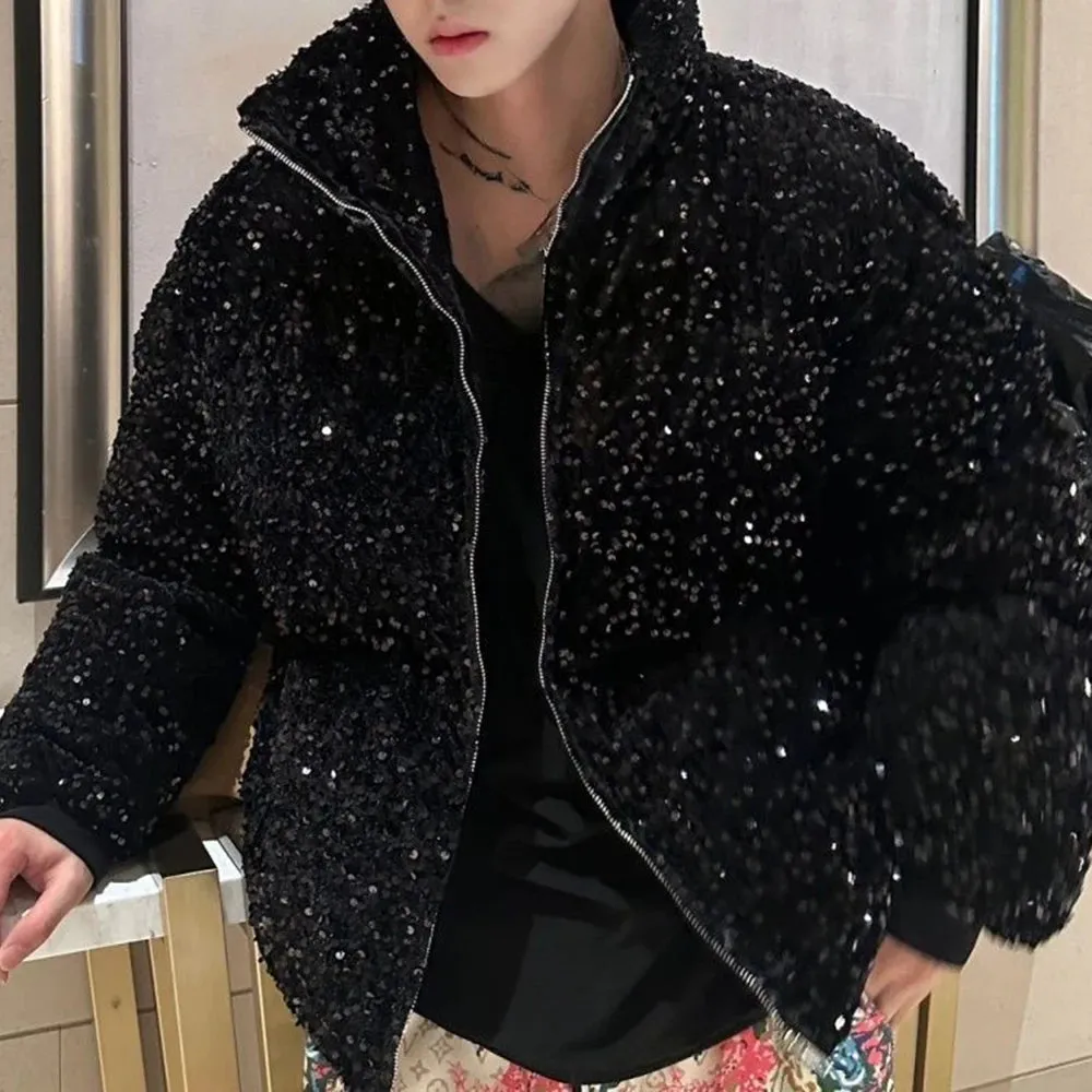Hnzxzm Mens Sequin Casual Jacket Genderless 2024 New Autumn Winter Fashion Personality Street Trend Youth Thickened Jacket Unisex