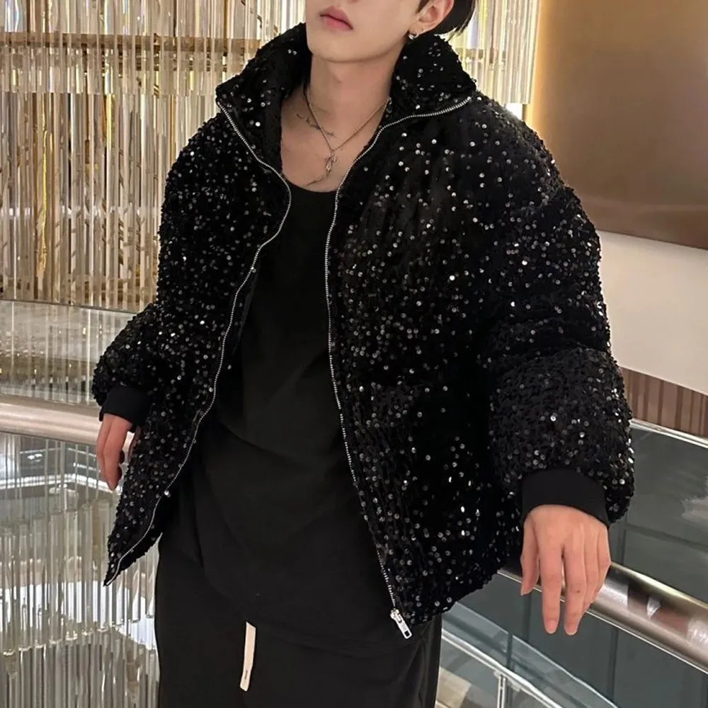 Hnzxzm Mens Sequin Casual Jacket Genderless 2024 New Autumn Winter Fashion Personality Street Trend Youth Thickened Jacket Unisex