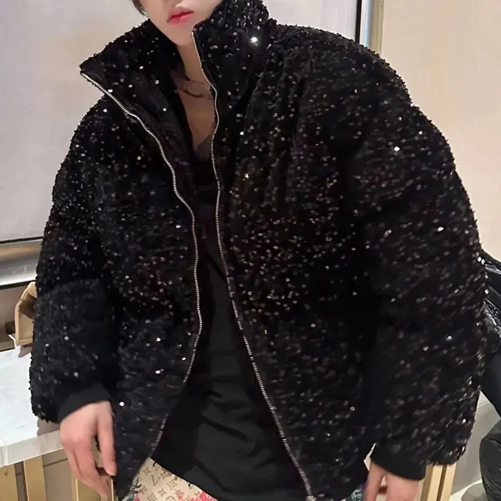 Hnzxzm Mens Sequin Casual Jacket Genderless 2024 New Autumn Winter Fashion Personality Street Trend Youth Thickened Jacket Unisex