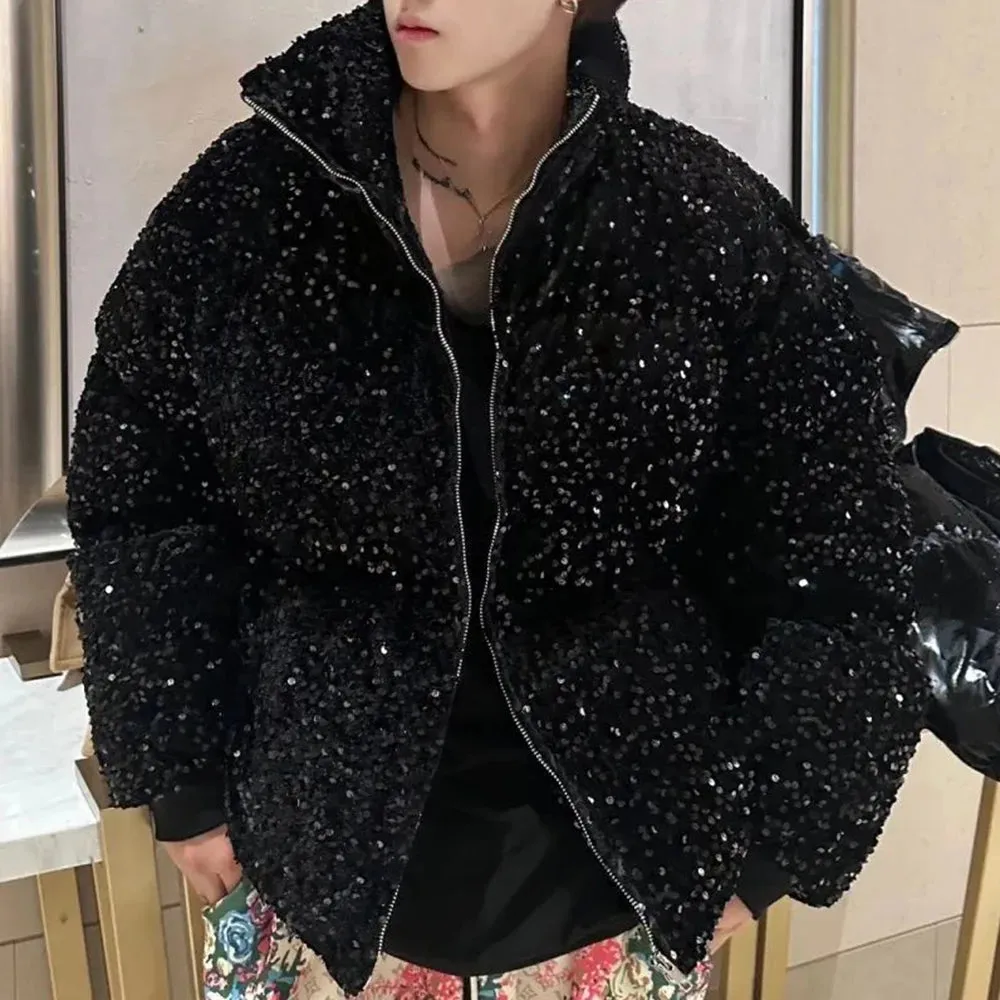 Hnzxzm Mens Sequin Casual Jacket Genderless 2024 New Autumn Winter Fashion Personality Street Trend Youth Thickened Jacket Unisex