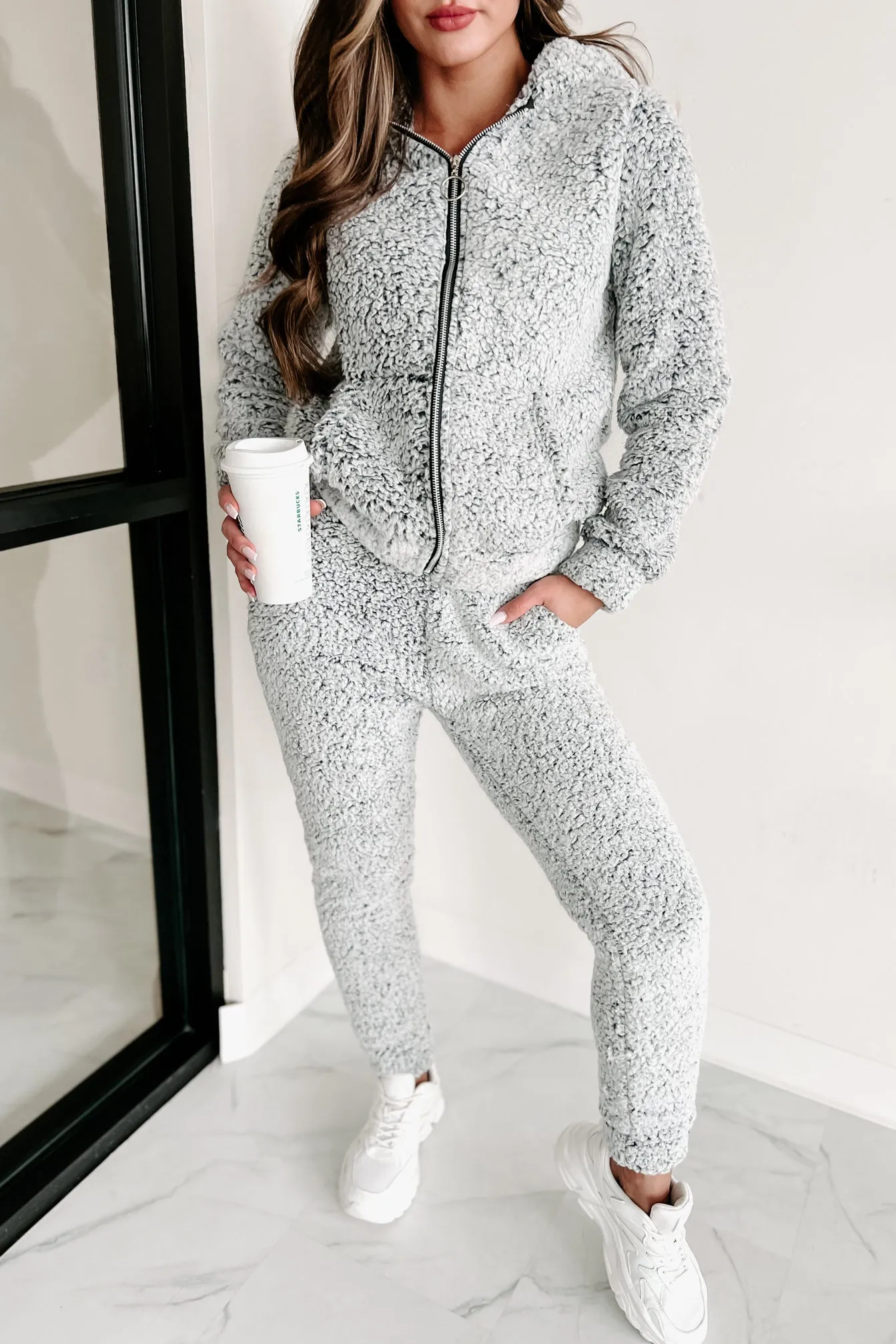 In Fuzzy Heaven Sherpa Fleece Two-Piece Set (Grey)
