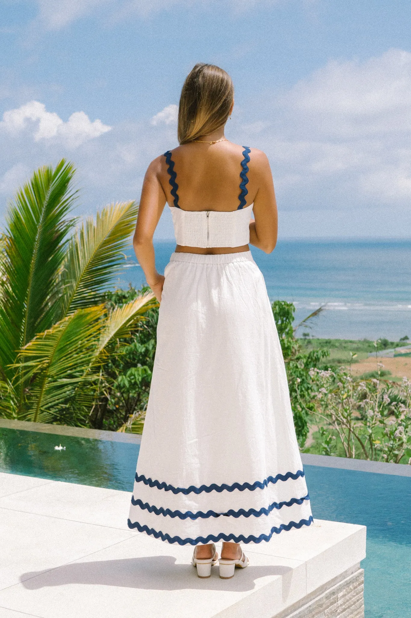 Kalliope White Navy Ric Rac Crop Top