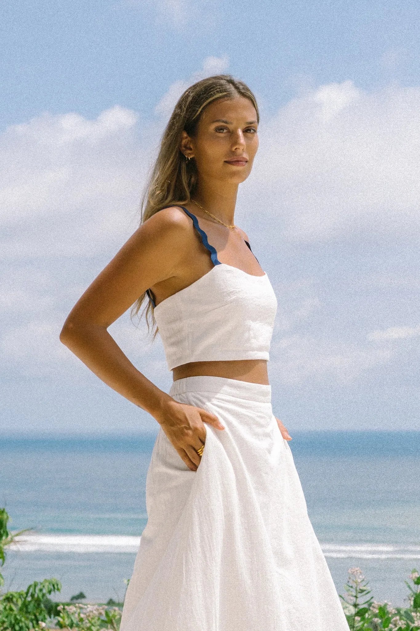 Kalliope White Navy Ric Rac Crop Top