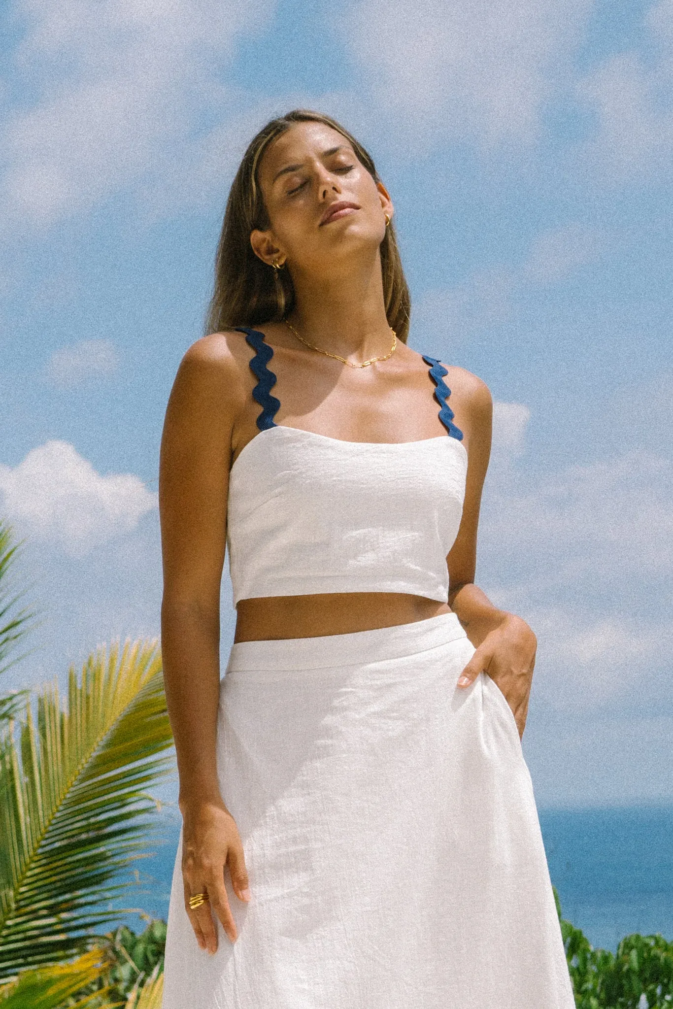 Kalliope White Navy Ric Rac Crop Top