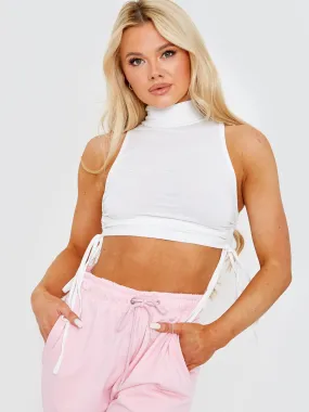 Kathleen High Neck Sleeveless Ruched Vest Top In White