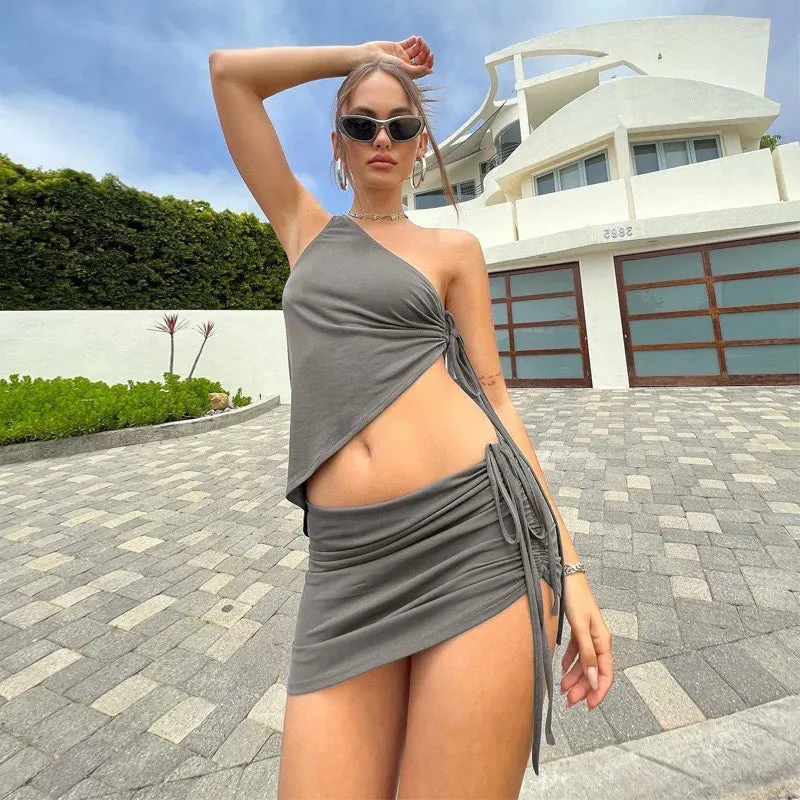 Lady Glams Two Piece Sets One Shoulder Cut Out Sexy Solid Color Top Bodycon Mini Skirt Women Vacation Dress