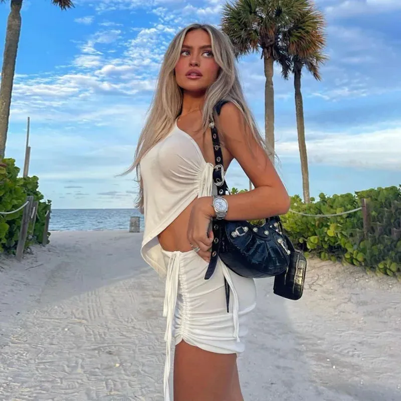 Lady Glams Two Piece Sets One Shoulder Cut Out Sexy Solid Color Top Bodycon Mini Skirt Women Vacation Dress
