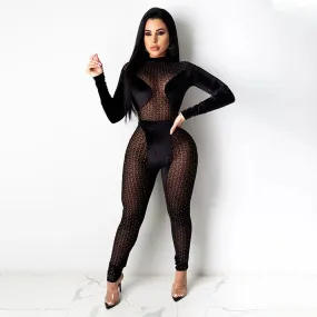 Long Sleeve Bodycon Jumpsuits Diamonds Velvet Turtleneck Mesh Patchwork See Through