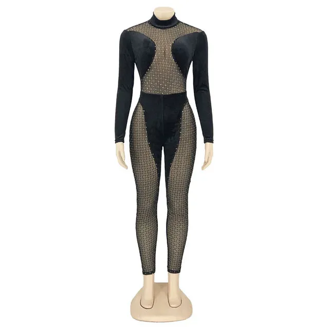Long Sleeve Bodycon Jumpsuits Diamonds Velvet Turtleneck Mesh Patchwork See Through
