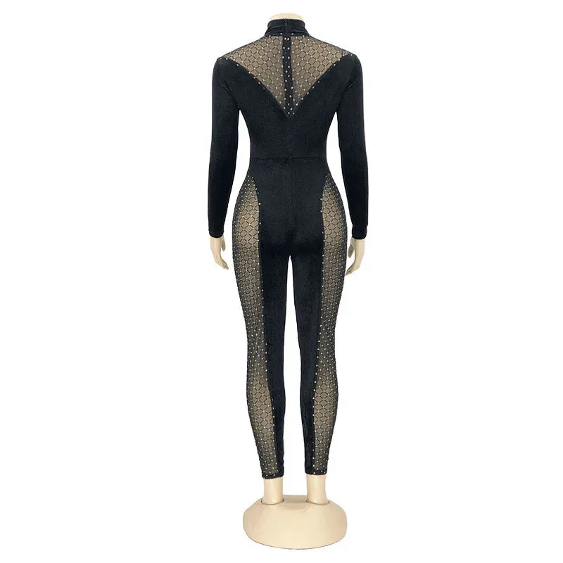 Long Sleeve Bodycon Jumpsuits Diamonds Velvet Turtleneck Mesh Patchwork See Through
