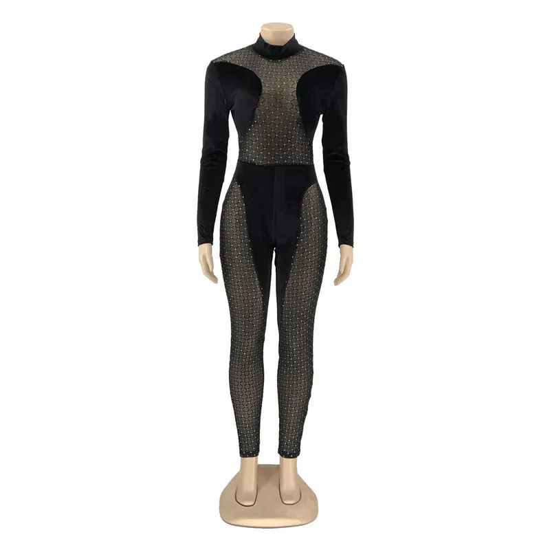 Long Sleeve Bodycon Jumpsuits Diamonds Velvet Turtleneck Mesh Patchwork See Through