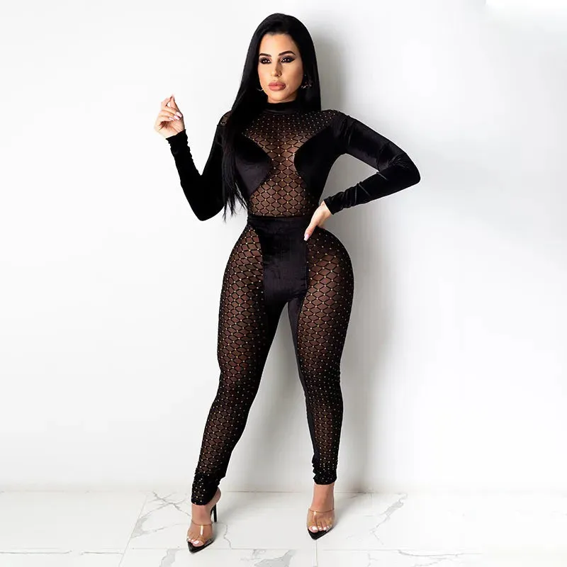 Long Sleeve Bodycon Jumpsuits Diamonds Velvet Turtleneck Mesh Patchwork See Through