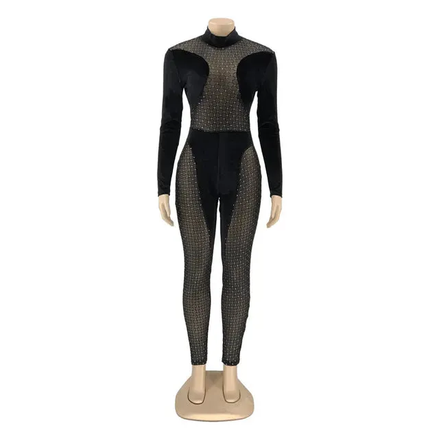 Long Sleeve Bodycon Jumpsuits Diamonds Velvet Turtleneck Mesh Patchwork See Through