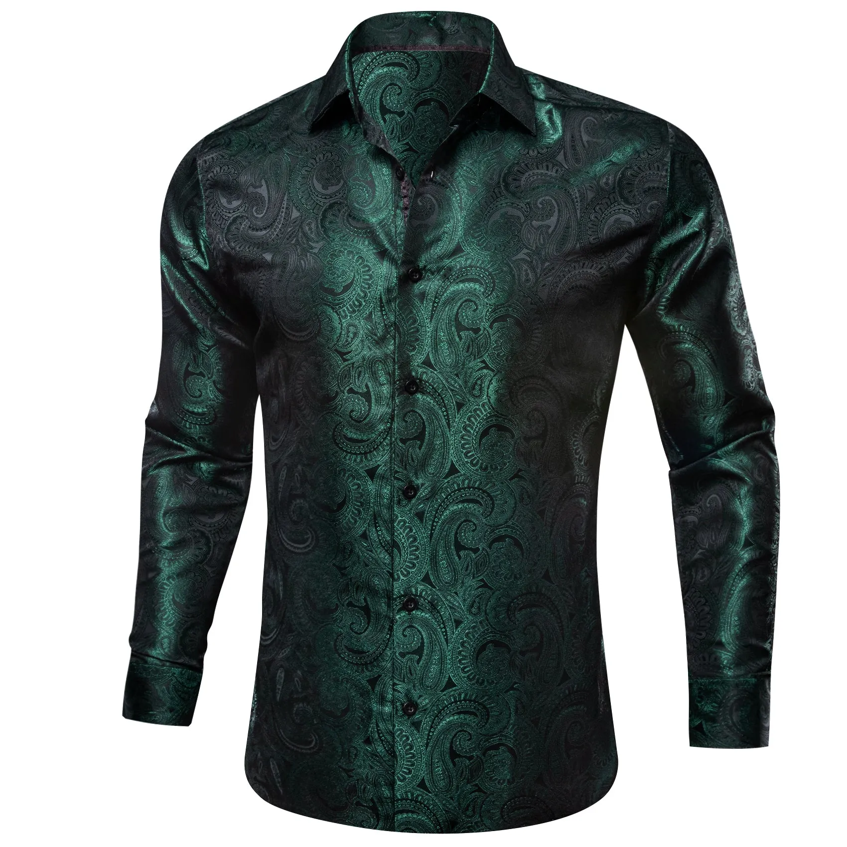 Luxury Green Paisley Pattern Silk Men's Long Sleeve Shirt