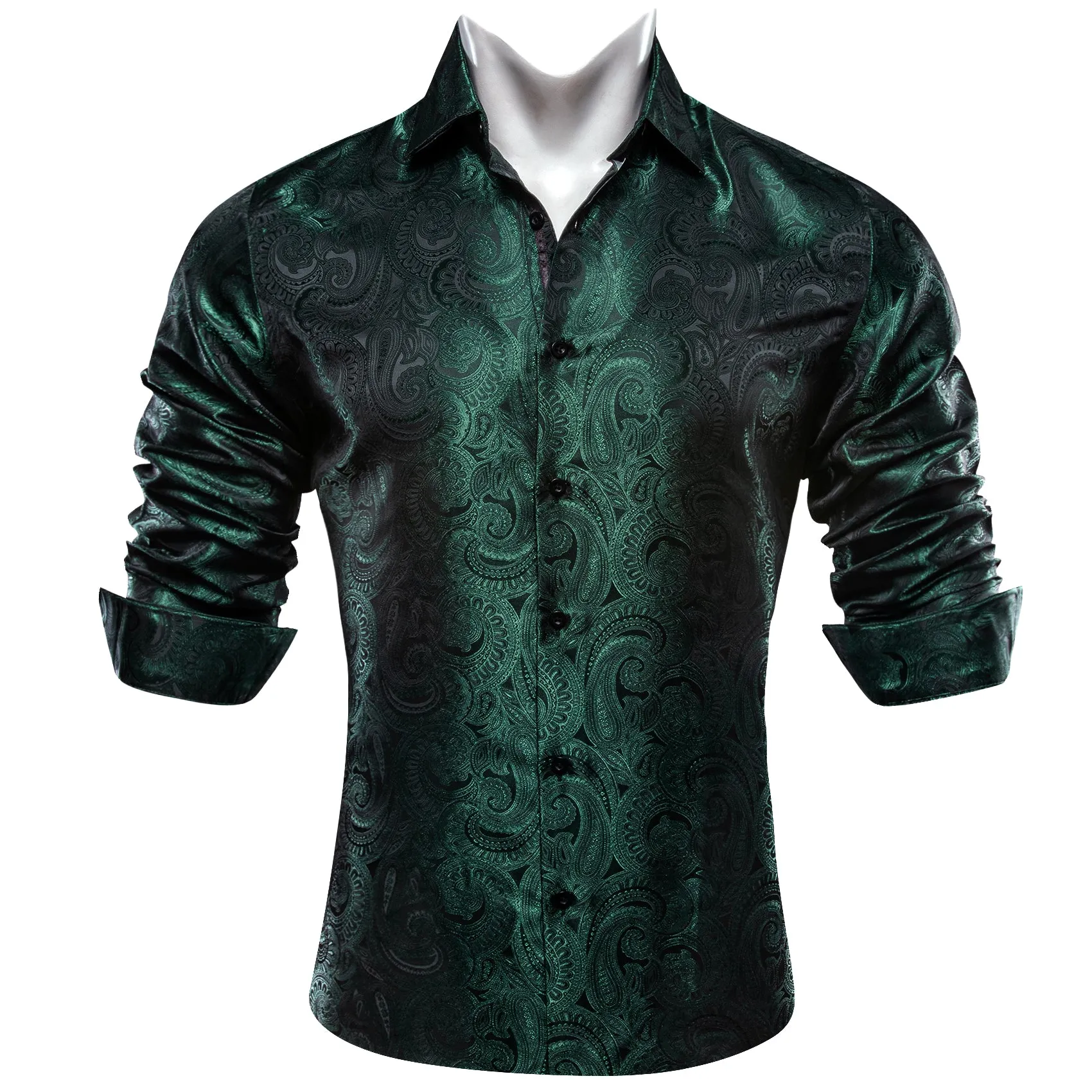 Luxury Green Paisley Pattern Silk Men's Long Sleeve Shirt