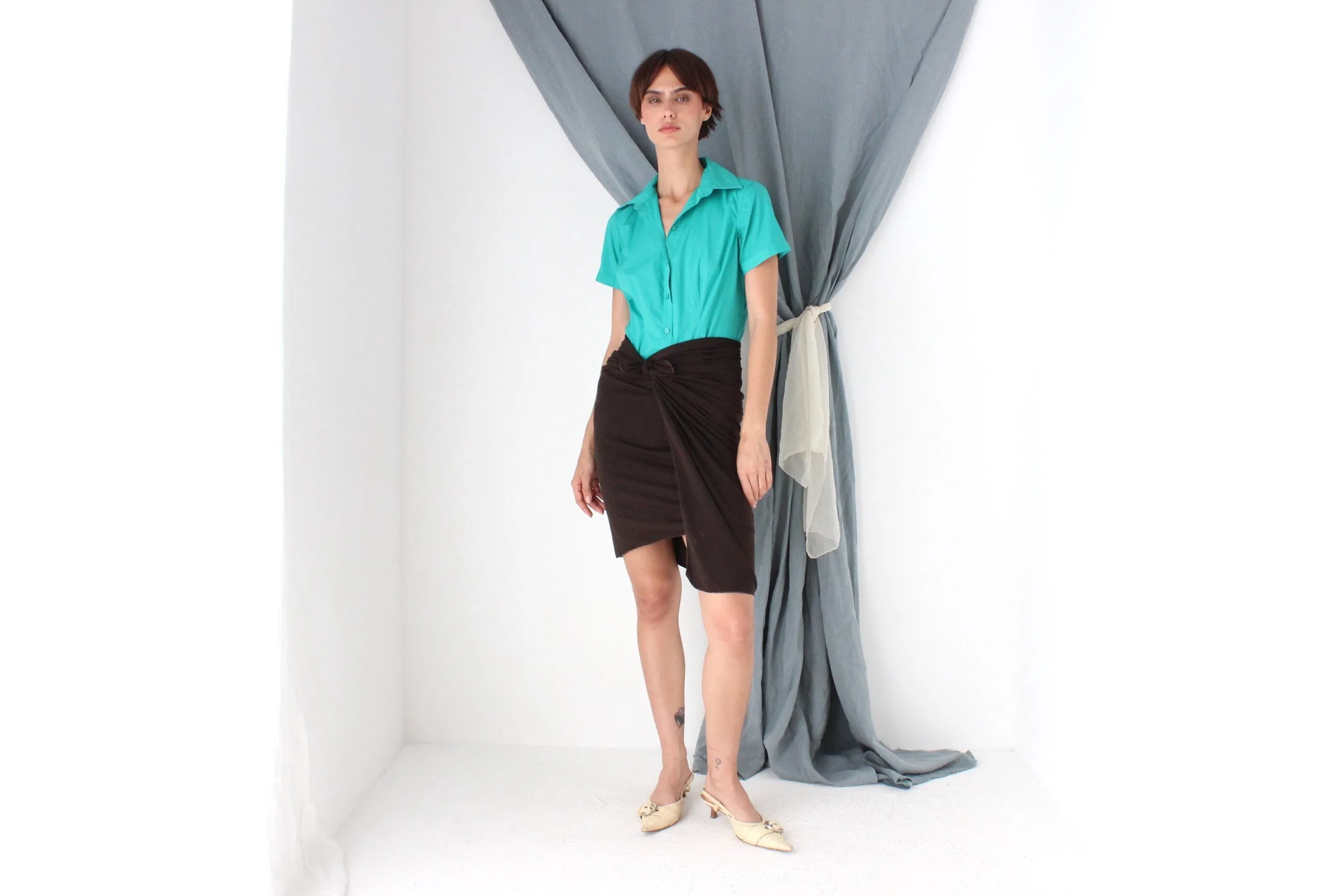 MADE IN ITALY 90s Wool Blend Chocolate Tie / Wrap Skirt