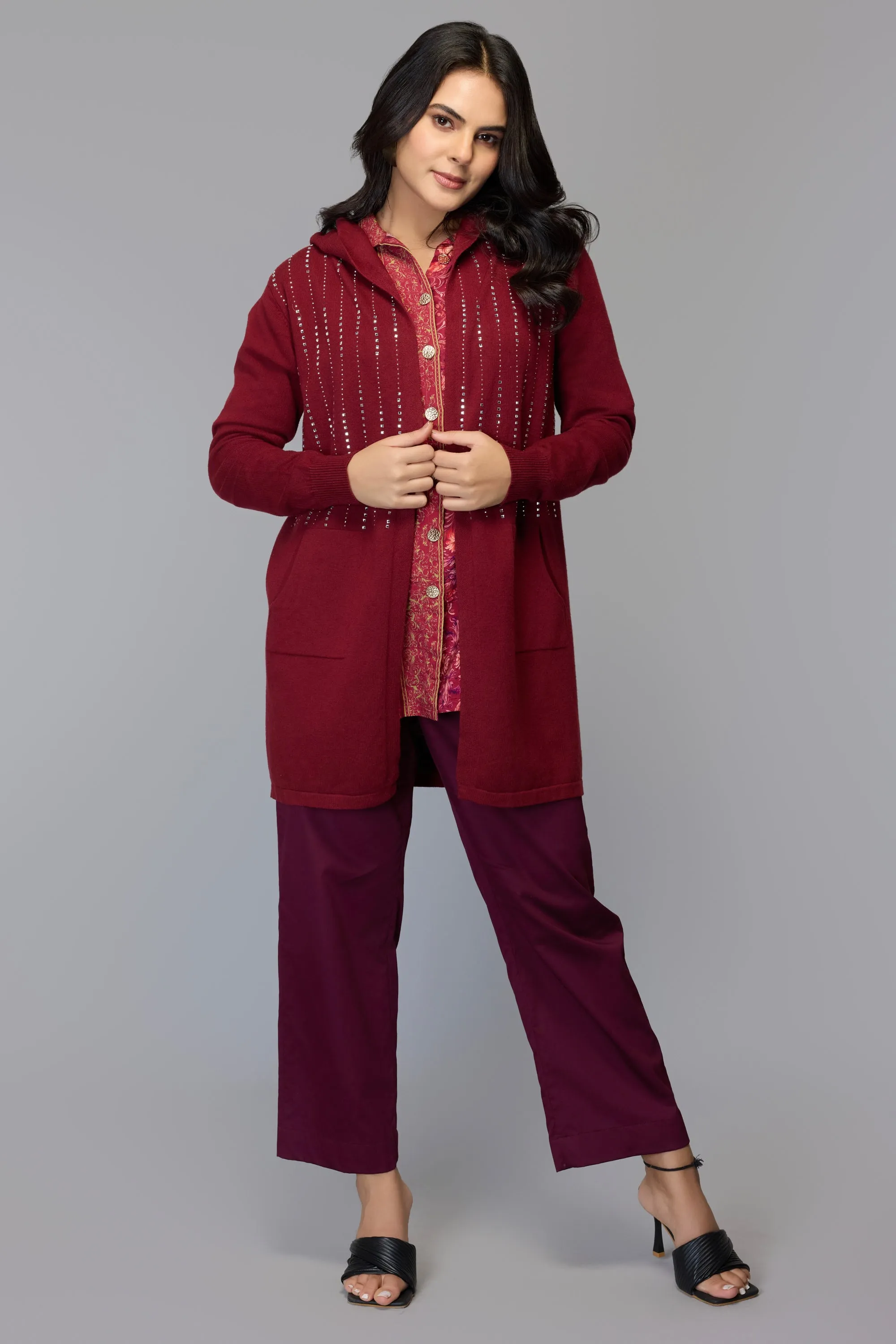 Maroon Hooded Longline Sweater
