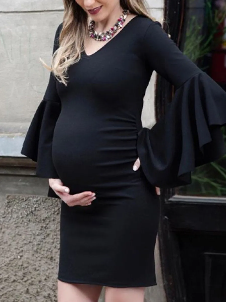 Maternity V-Neck Trumpet Sleeve Bodycon Dress