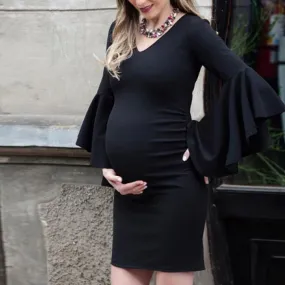 Maternity V-Neck Trumpet Sleeve Bodycon Dress