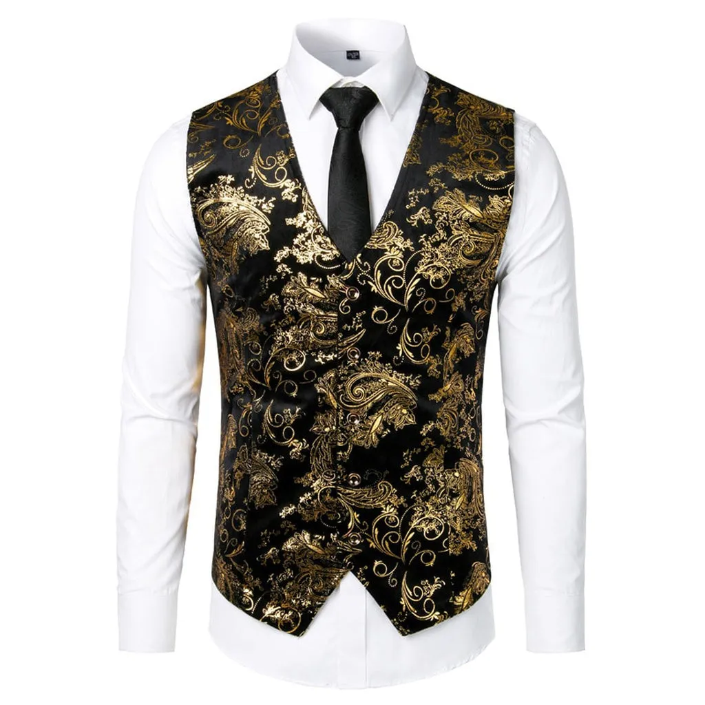 Men Jacquard Floral Vest Luxury Shiny Bronzing Men Suit Vests Nightclub Party Men Dress Vest Casual Mens Wedding Waistcoat Gilet