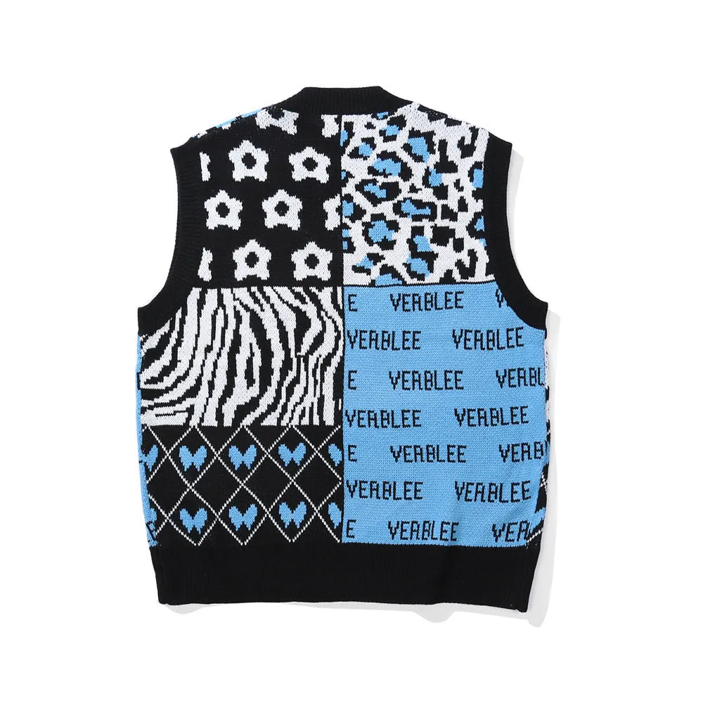 Men Sweater Vest Creative Contrasting Color Jacquard Knitted Vest Men's Loose V-neck Sleeveless Sweater