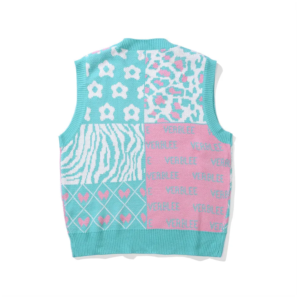 Men Sweater Vest Creative Contrasting Color Jacquard Knitted Vest Men's Loose V-neck Sleeveless Sweater