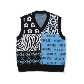 Men Sweater Vest Creative Contrasting Color Jacquard Knitted Vest Men's Loose V-neck Sleeveless Sweater