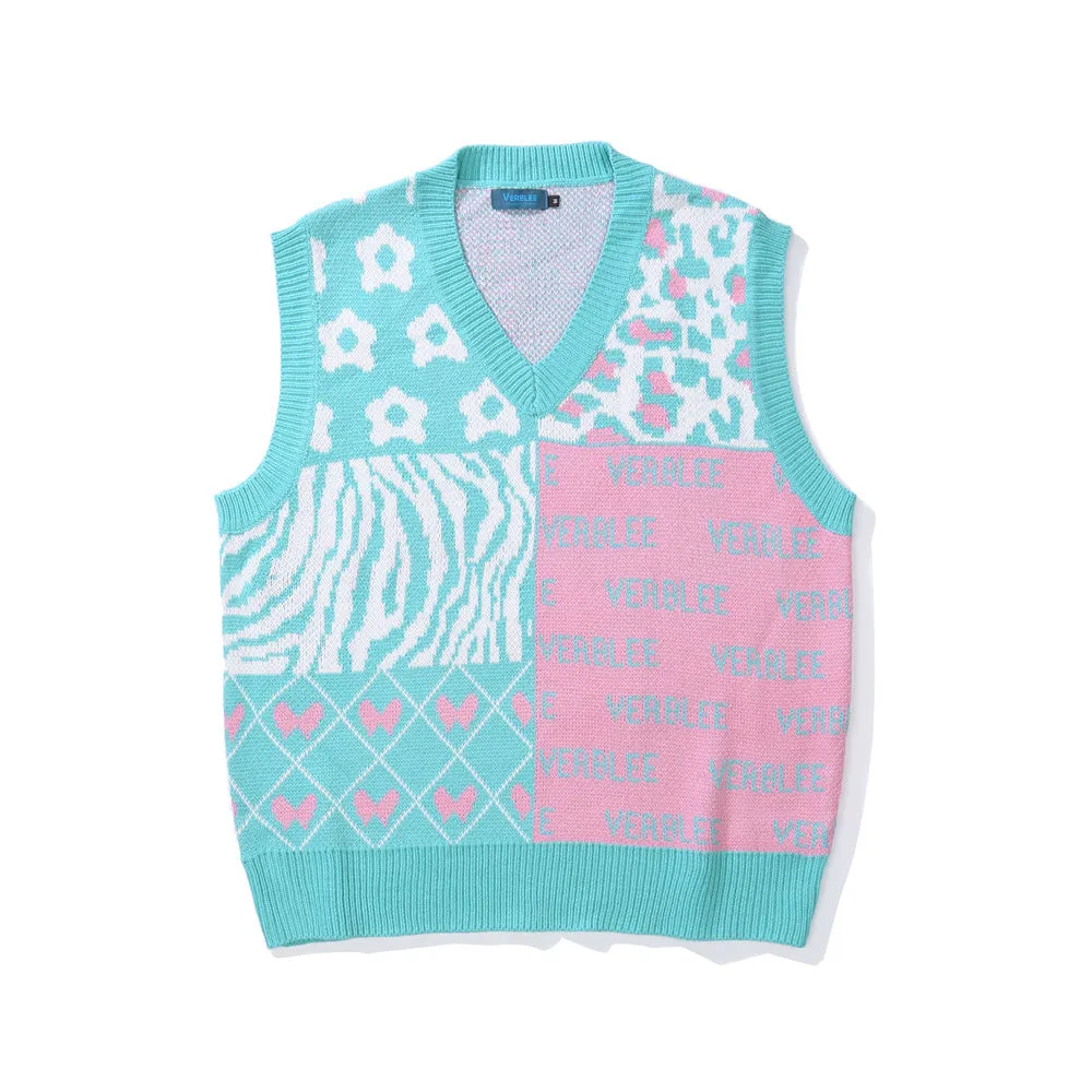 Men Sweater Vest Creative Contrasting Color Jacquard Knitted Vest Men's Loose V-neck Sleeveless Sweater