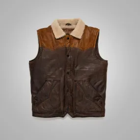 Mens Brown Shearling Fur Sheepskin Leather Vest