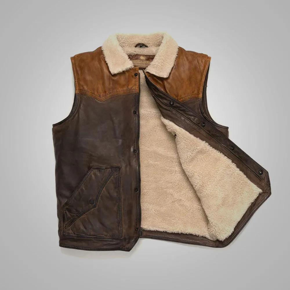 Mens Brown Shearling Fur Sheepskin Leather Vest