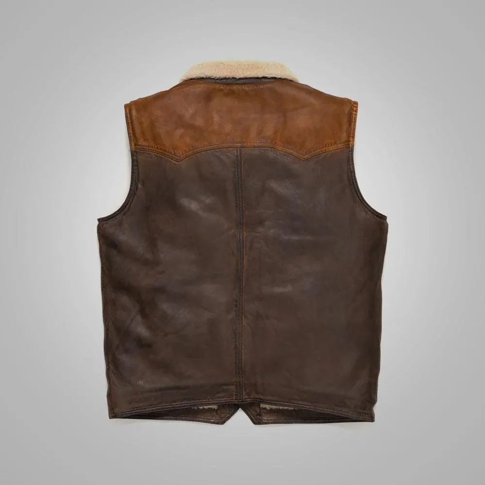 Mens Brown Shearling Fur Sheepskin Leather Vest