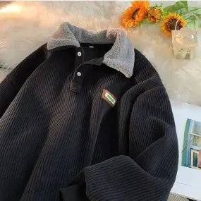 Men's Corduroy Polo Shirt Sweater Women's Autumn Winter Fleece Thick Coat Turndown Collar Buttons Long Sleeves Warm Tops