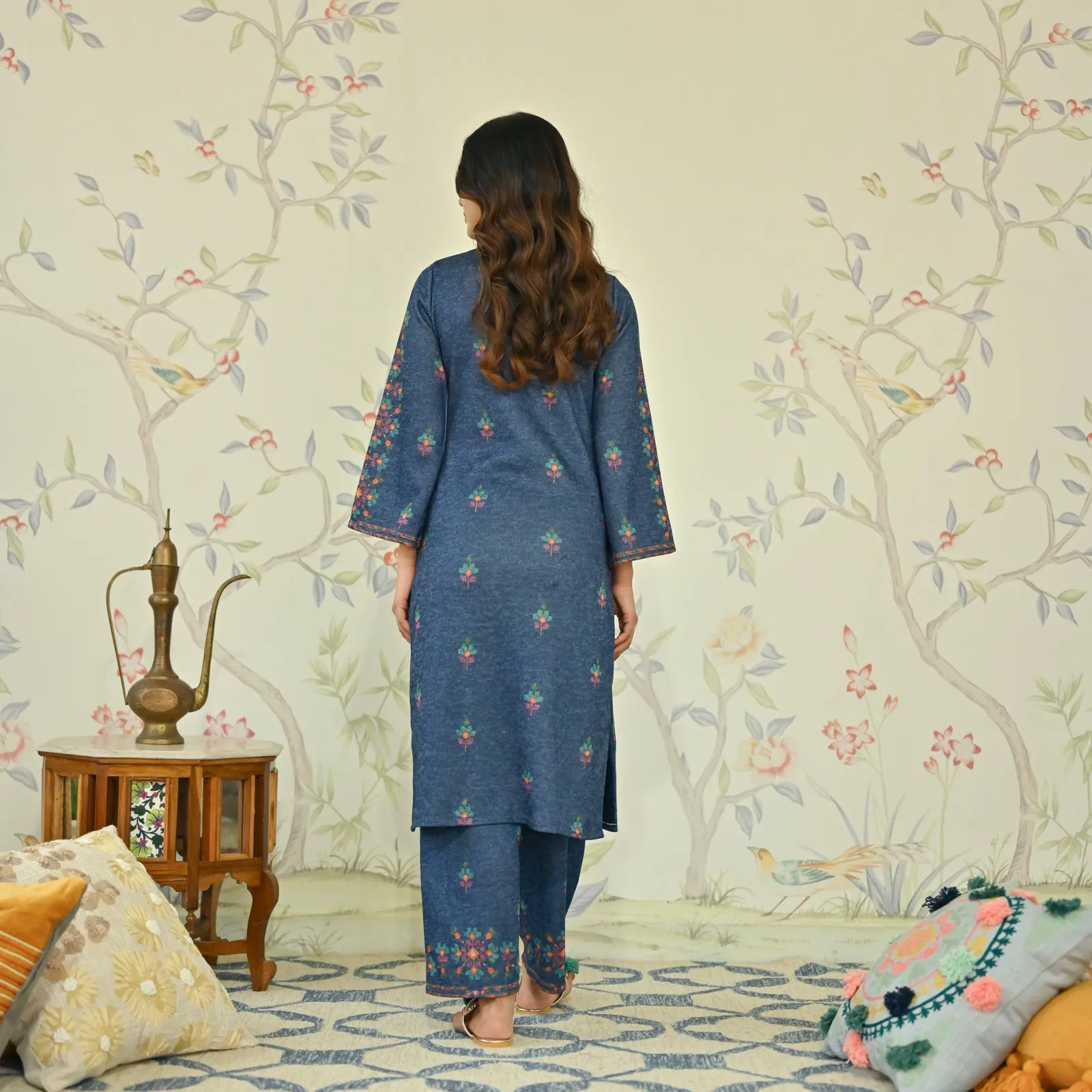Navy Blue Geometric Floral Woollen Kurta with Embroidery Detail