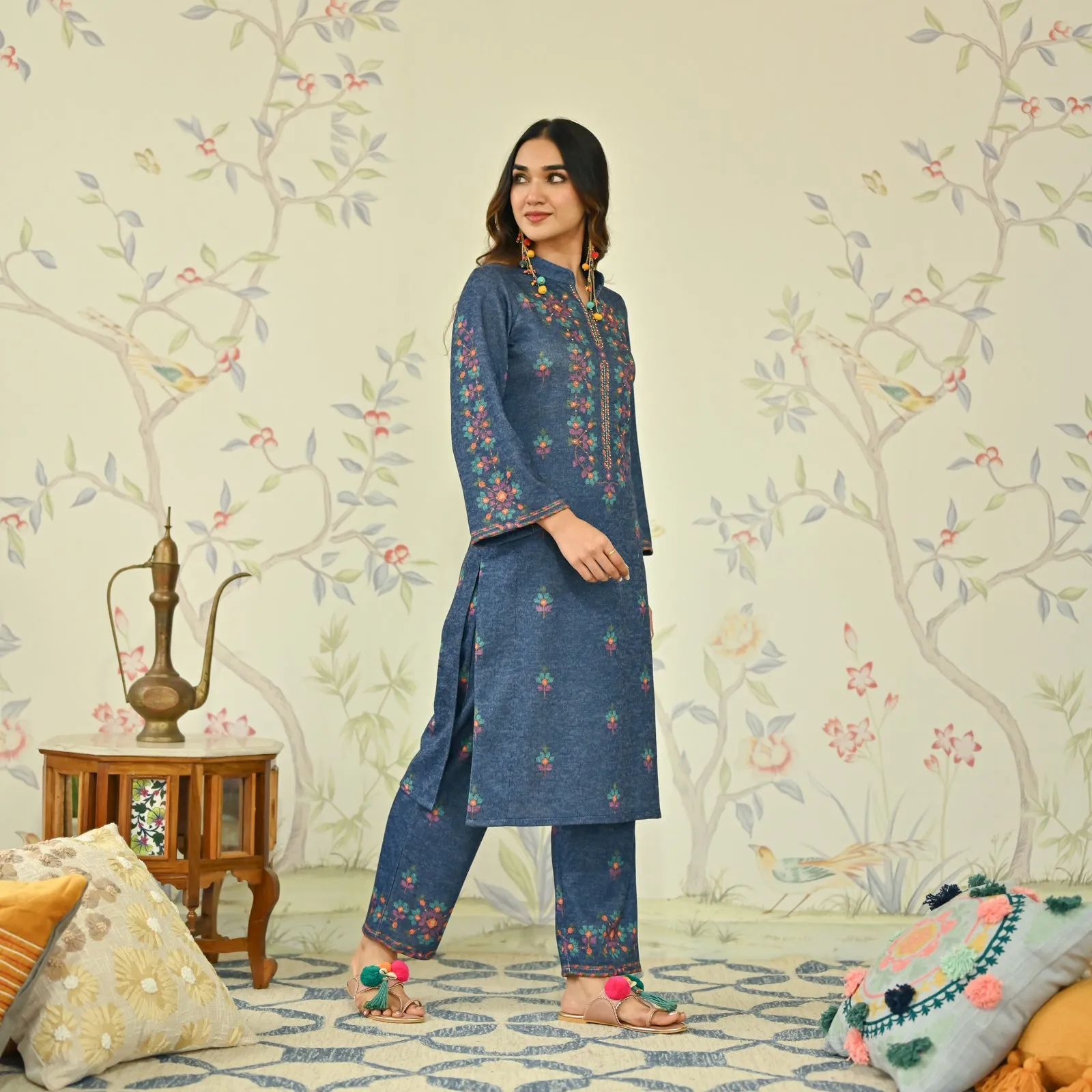 Navy Blue Geometric Floral Woollen Kurta with Embroidery Detail