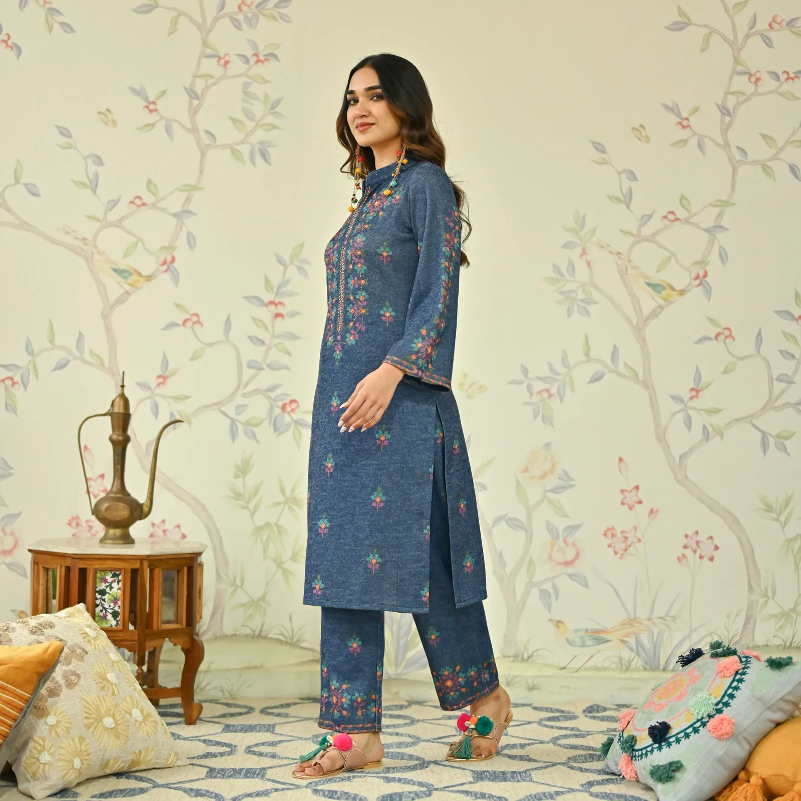 Navy Blue Geometric Floral Woollen Kurta with Embroidery Detail